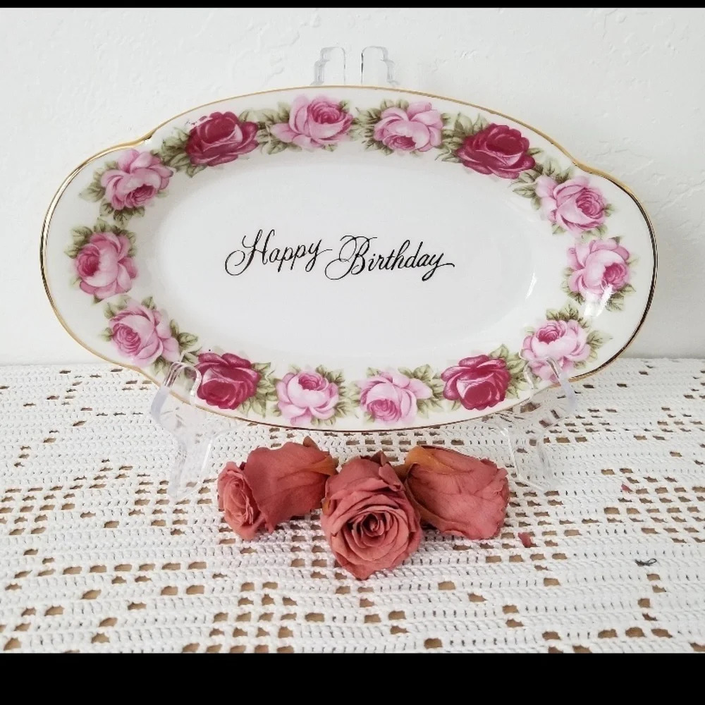 Birthday Bowl with Rose Design - Oval Bowl with Gilded Text "Happy Birthday"